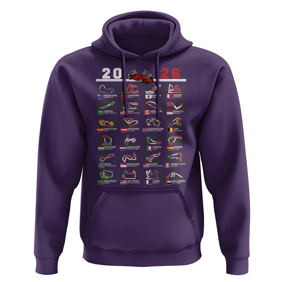 2026 Car Racing Circuit Hoodie International Race Track Schedule Graphic with Flags - Wonder Print Shop