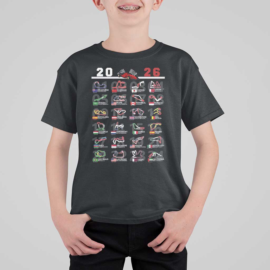 2026 Car Racing Circuit T Shirt For Kid International Race Track Schedule Graphic with Flags - Wonder Print Shop
