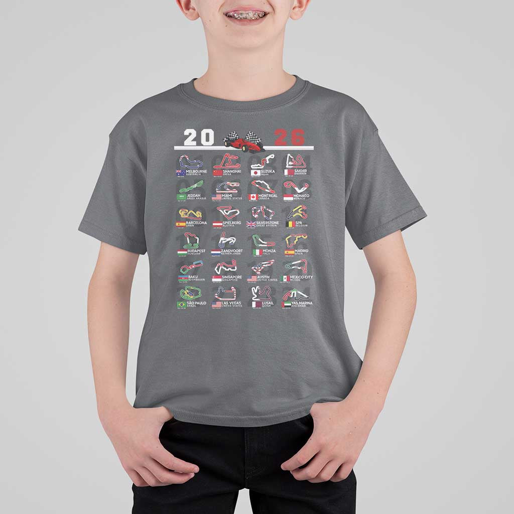 2026 Car Racing Circuit T Shirt For Kid International Race Track Schedule Graphic with Flags - Wonder Print Shop