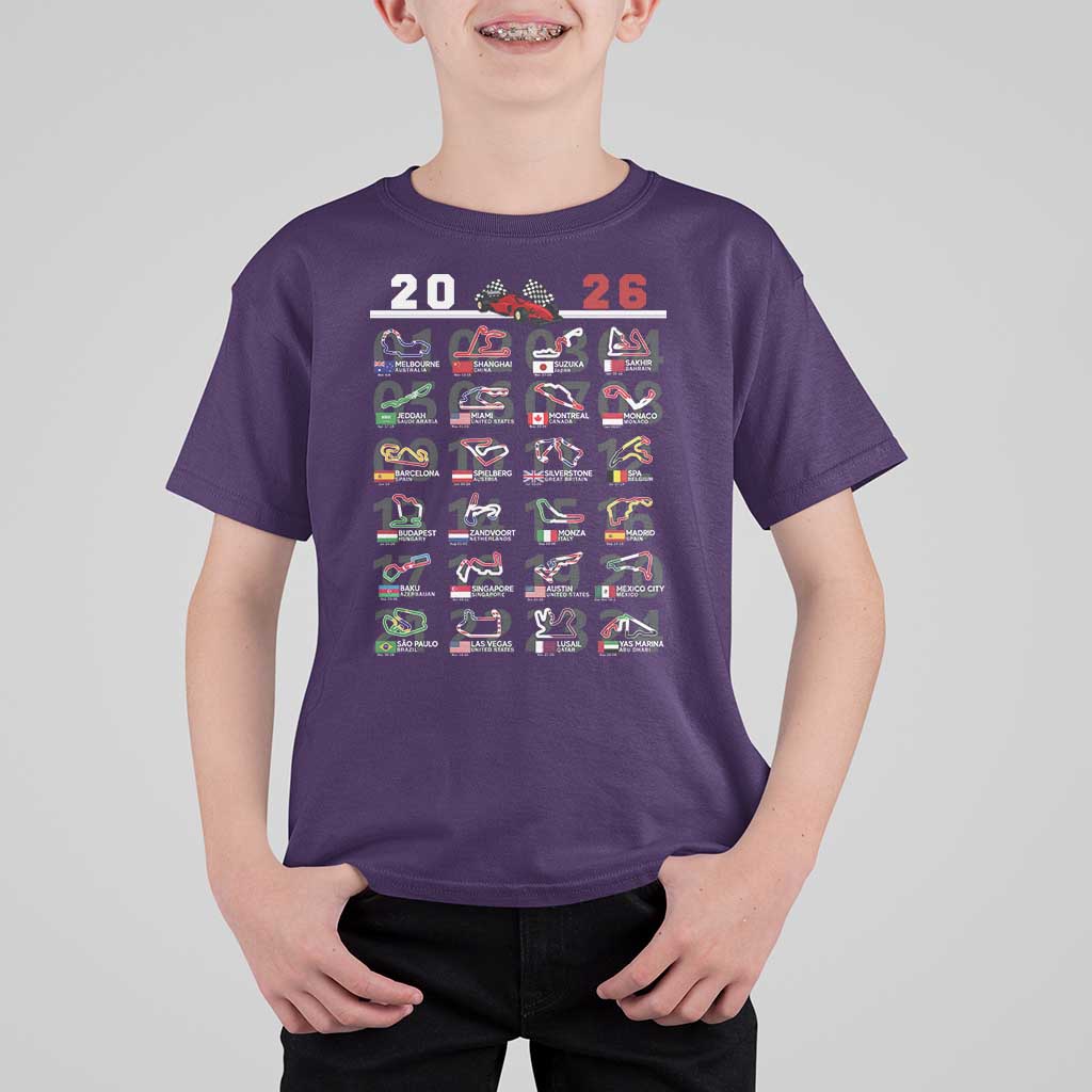 2026 Car Racing Circuit T Shirt For Kid International Race Track Schedule Graphic with Flags - Wonder Print Shop