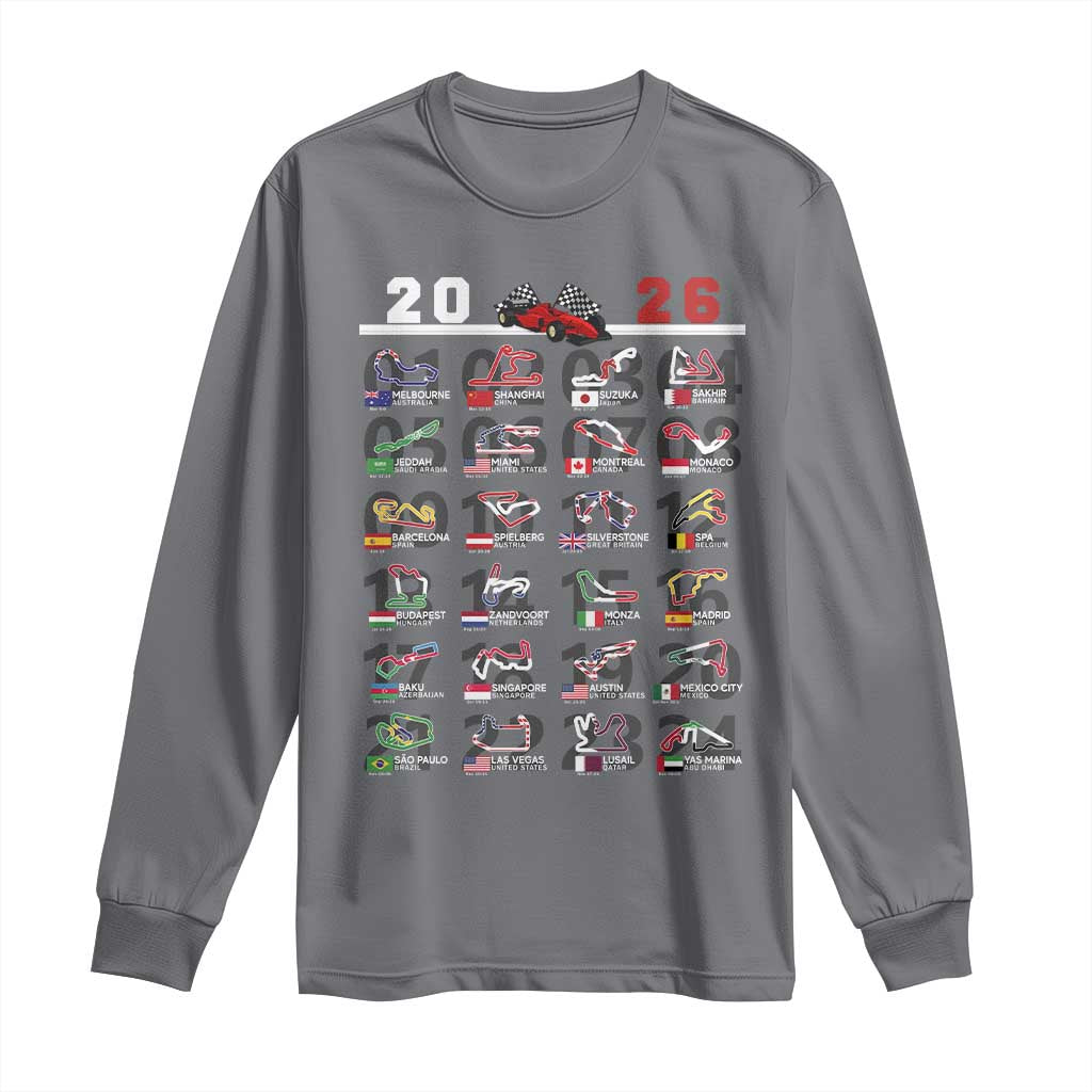 2026 Car Racing Circuit Long Sleeve Shirt International Race Track Schedule Graphic with Flags - Wonder Print Shop