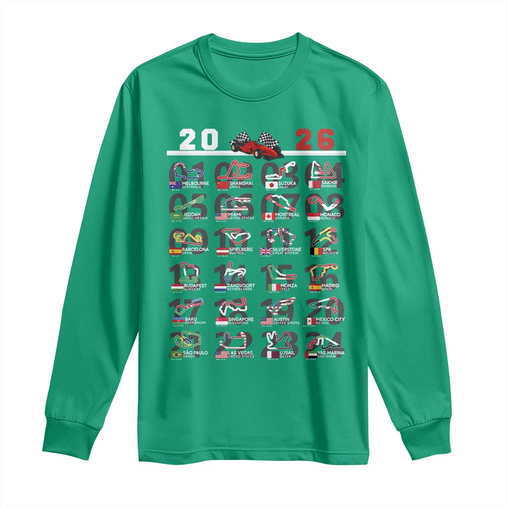 2026 Car Racing Circuit Long Sleeve Shirt International Race Track Schedule Graphic with Flags - Wonder Print Shop