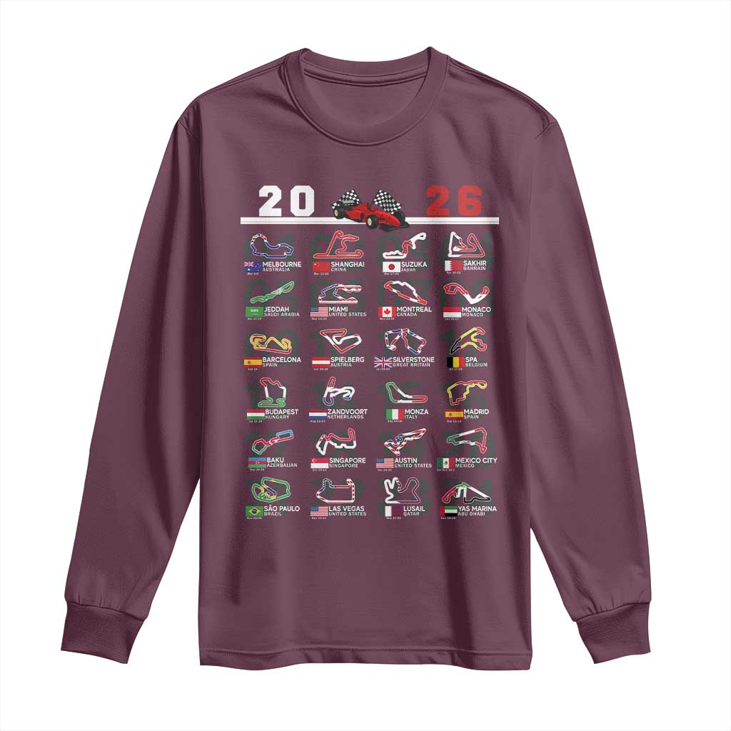 2026 Car Racing Circuit Long Sleeve Shirt International Race Track Schedule Graphic with Flags - Wonder Print Shop