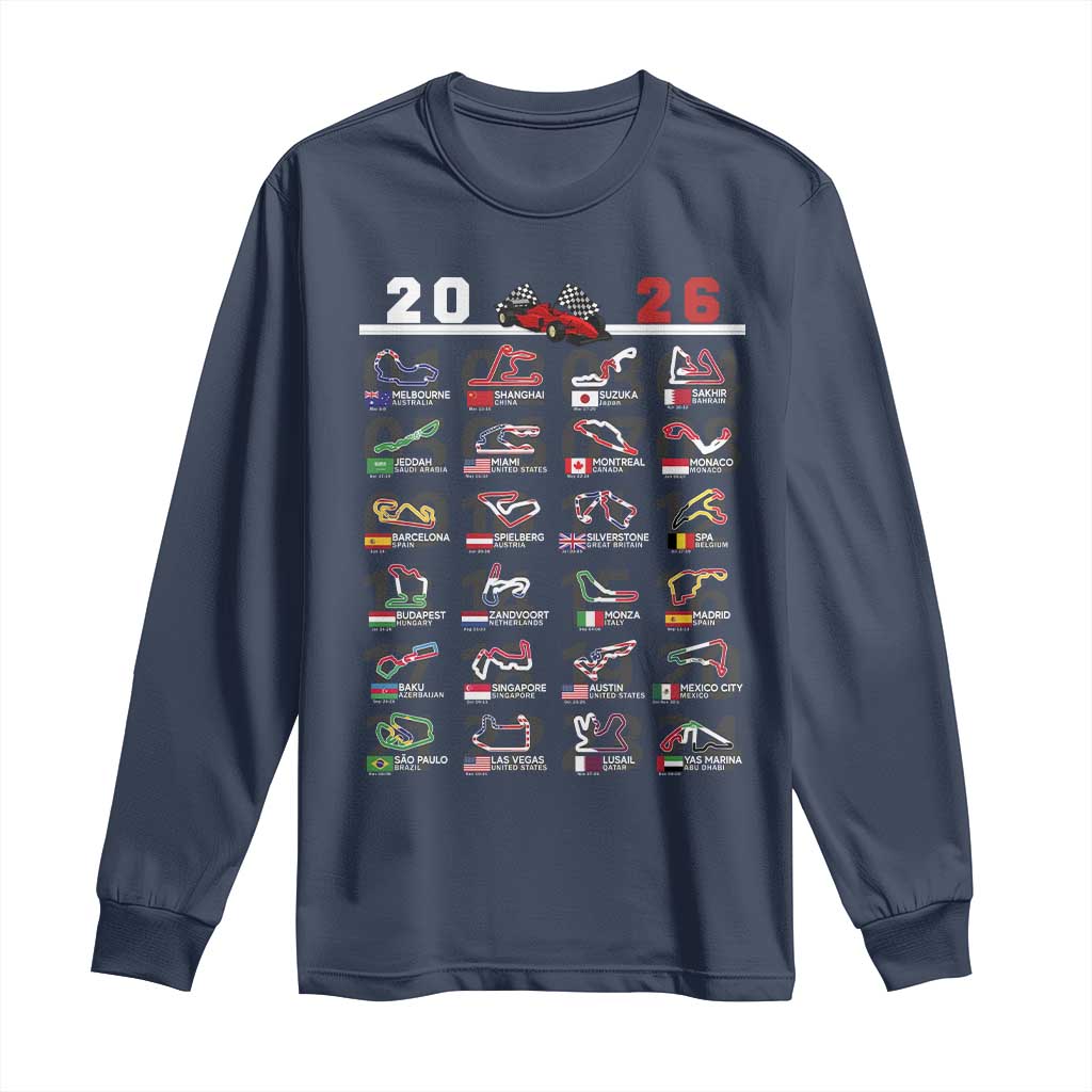2026 Car Racing Circuit Long Sleeve Shirt International Race Track Schedule Graphic with Flags - Wonder Print Shop