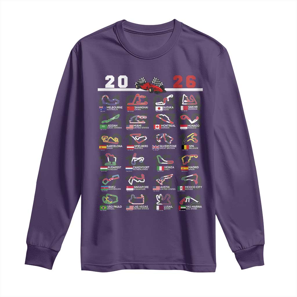 2026 Car Racing Circuit Long Sleeve Shirt International Race Track Schedule Graphic with Flags - Wonder Print Shop