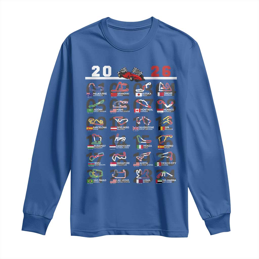 2026 Car Racing Circuit Long Sleeve Shirt International Race Track Schedule Graphic with Flags - Wonder Print Shop
