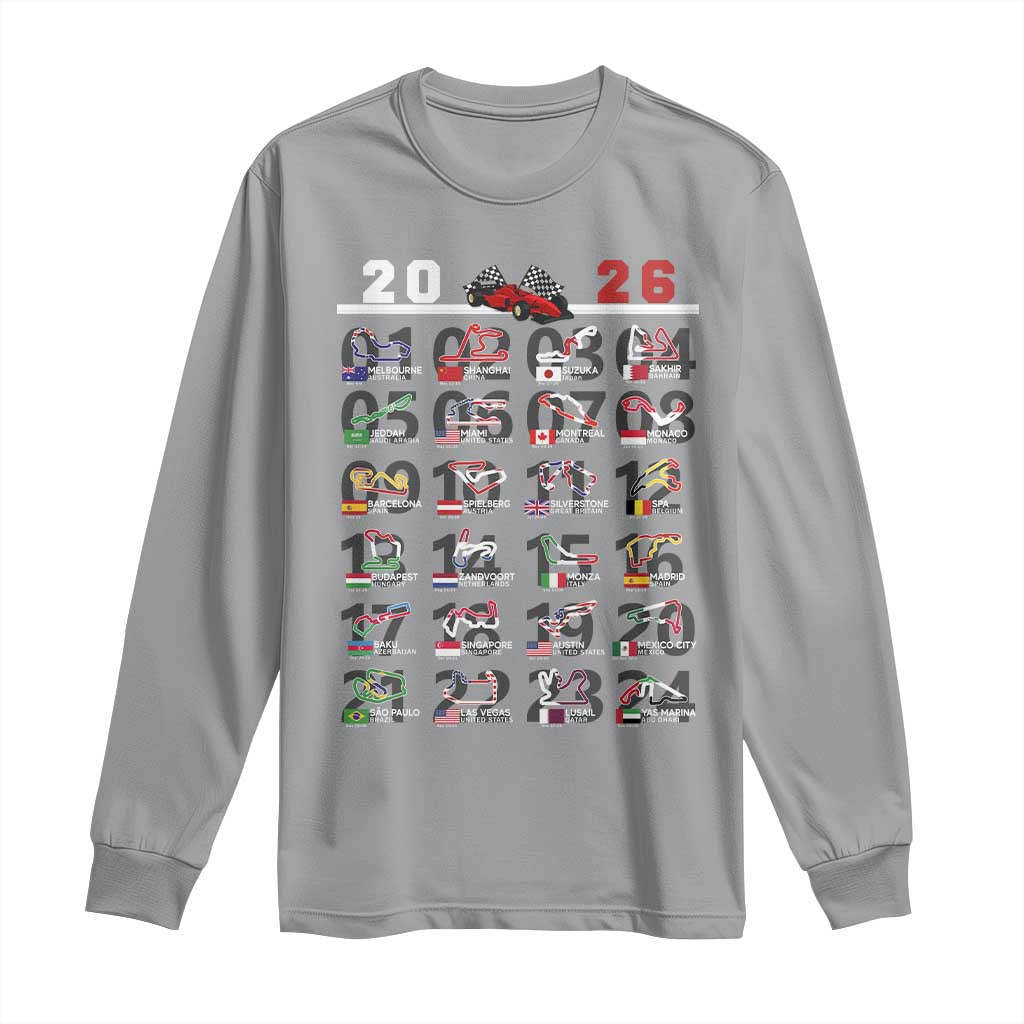 2026 Car Racing Circuit Long Sleeve Shirt International Race Track Schedule Graphic with Flags - Wonder Print Shop