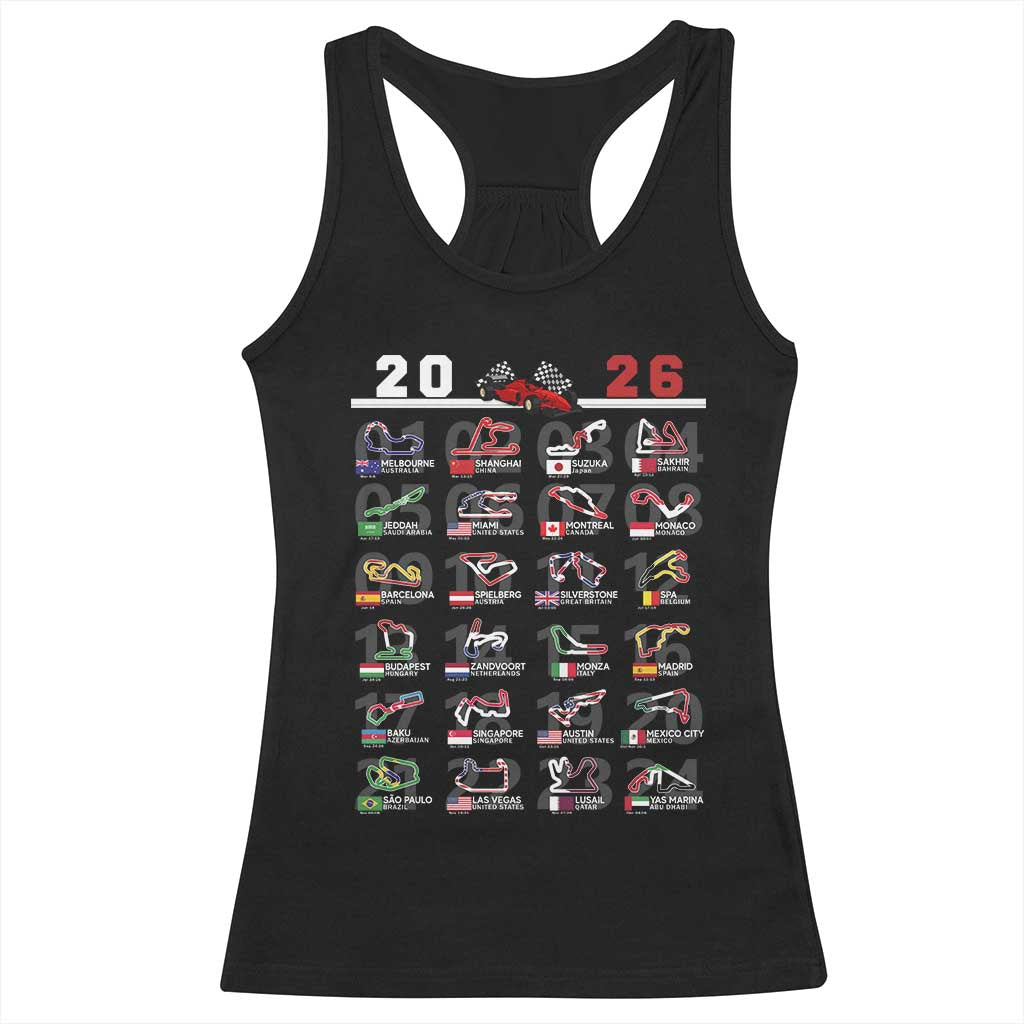 2026 Car Racing Circuit Racerback Tank Top International Race Track Schedule Graphic with Flags - Wonder Print Shop