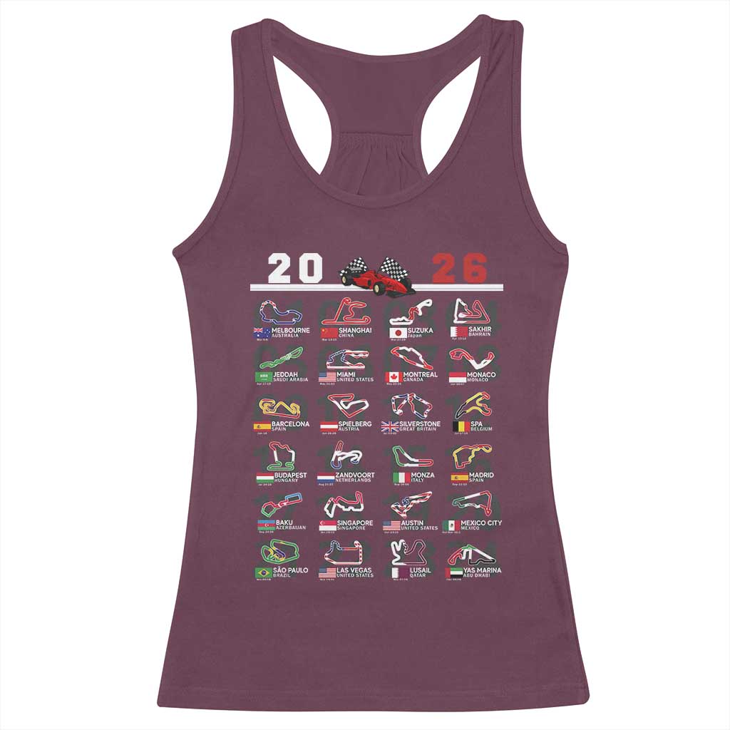 2026 Car Racing Circuit Racerback Tank Top International Race Track Schedule Graphic with Flags - Wonder Print Shop