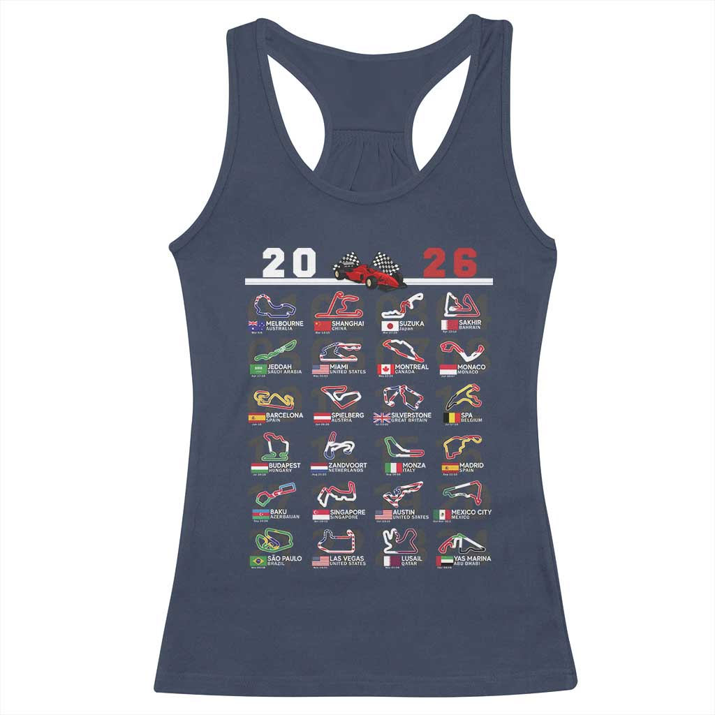 2026 Car Racing Circuit Racerback Tank Top International Race Track Schedule Graphic with Flags - Wonder Print Shop