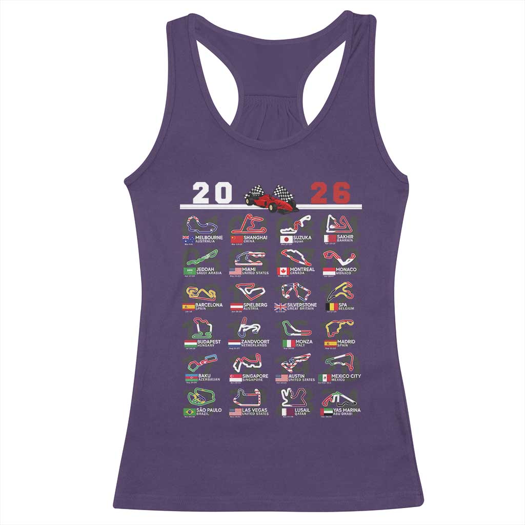 2026 Car Racing Circuit Racerback Tank Top International Race Track Schedule Graphic with Flags - Wonder Print Shop