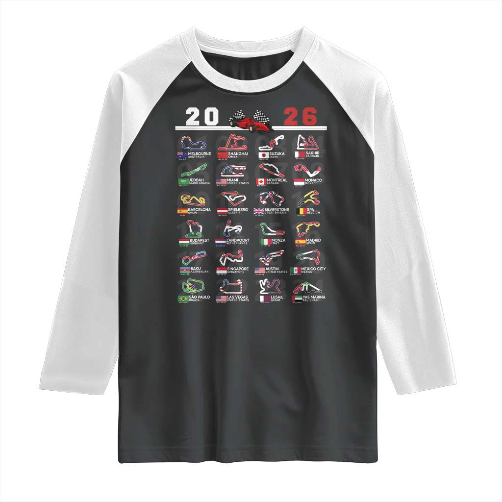 2026 Car Racing Circuit Raglan Shirt International Race Track Schedule Graphic with Flags - Wonder Print Shop