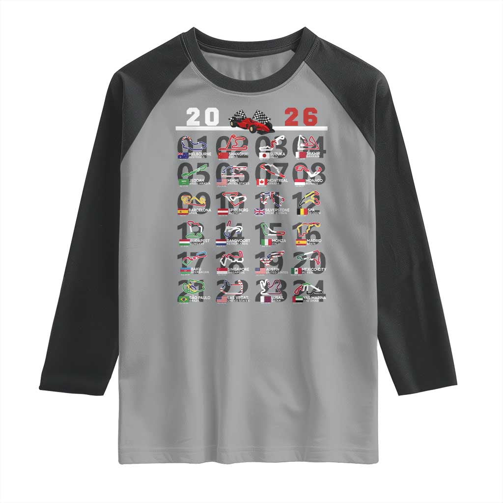 2026 Car Racing Circuit Raglan Shirt International Race Track Schedule Graphic with Flags - Wonder Print Shop
