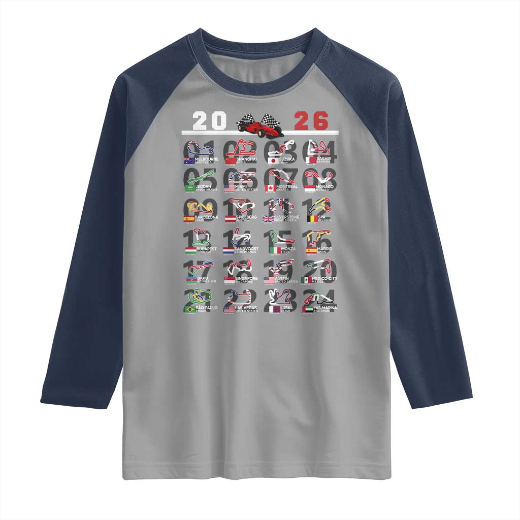 2026 Car Racing Circuit Raglan Shirt International Race Track Schedule Graphic with Flags - Wonder Print Shop