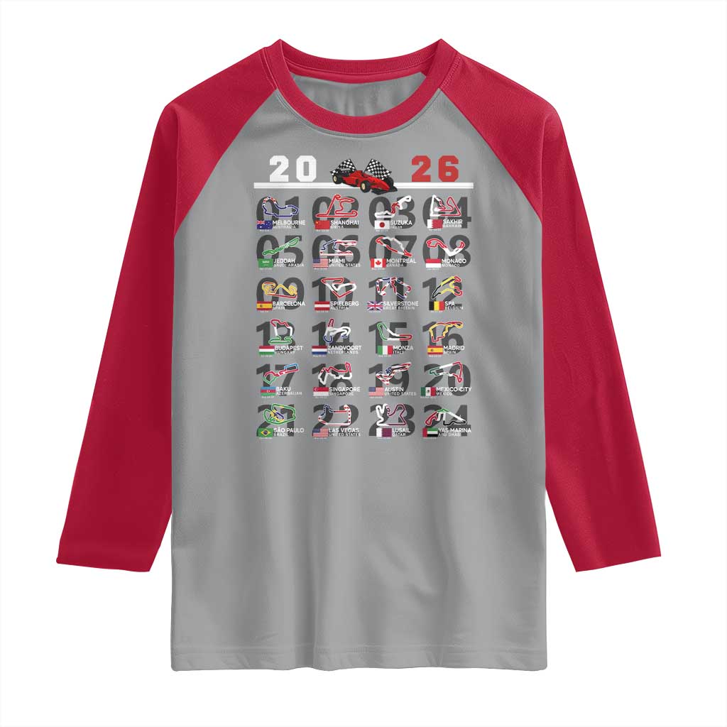 2026 Car Racing Circuit Raglan Shirt International Race Track Schedule Graphic with Flags - Wonder Print Shop