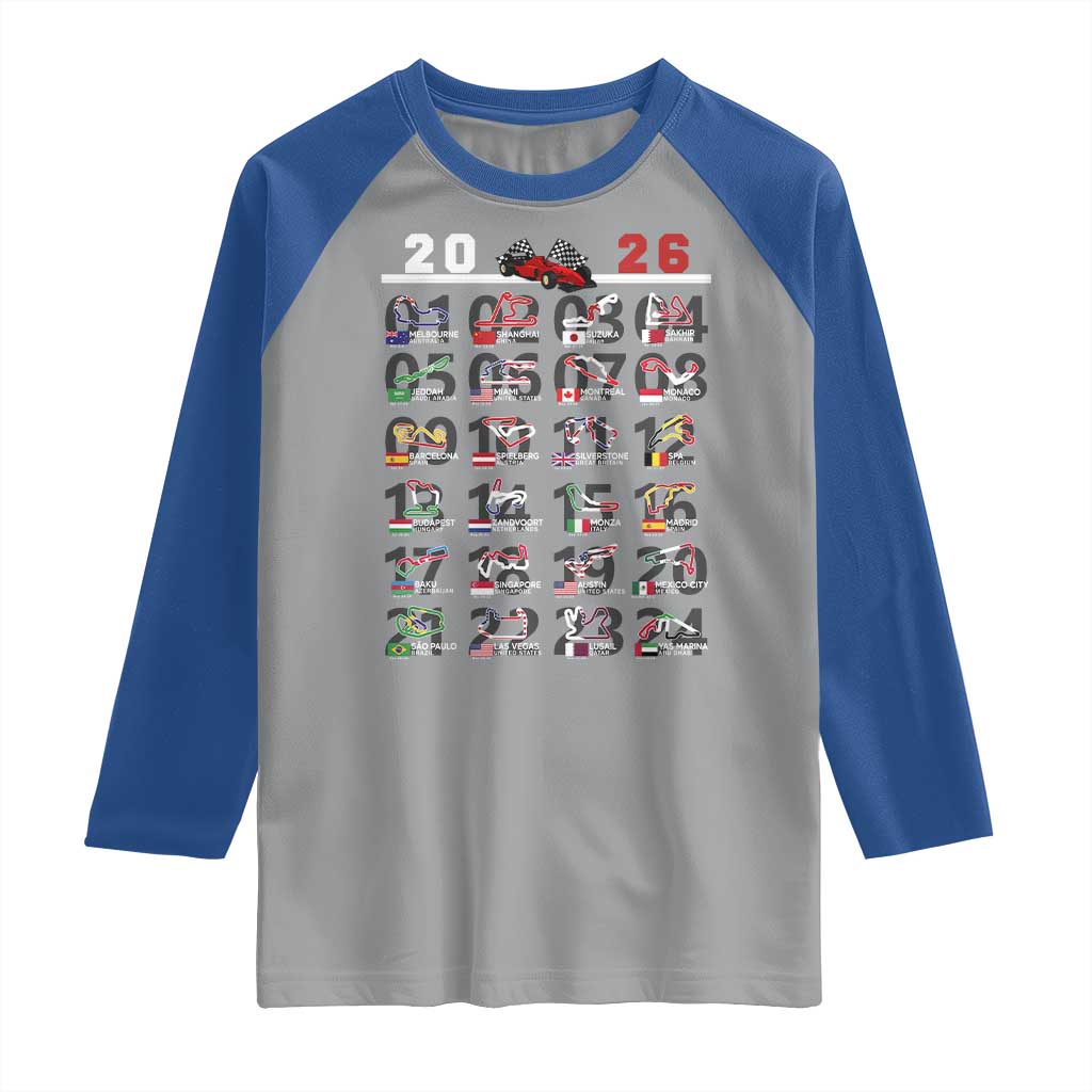2026 Car Racing Circuit Raglan Shirt International Race Track Schedule Graphic with Flags - Wonder Print Shop