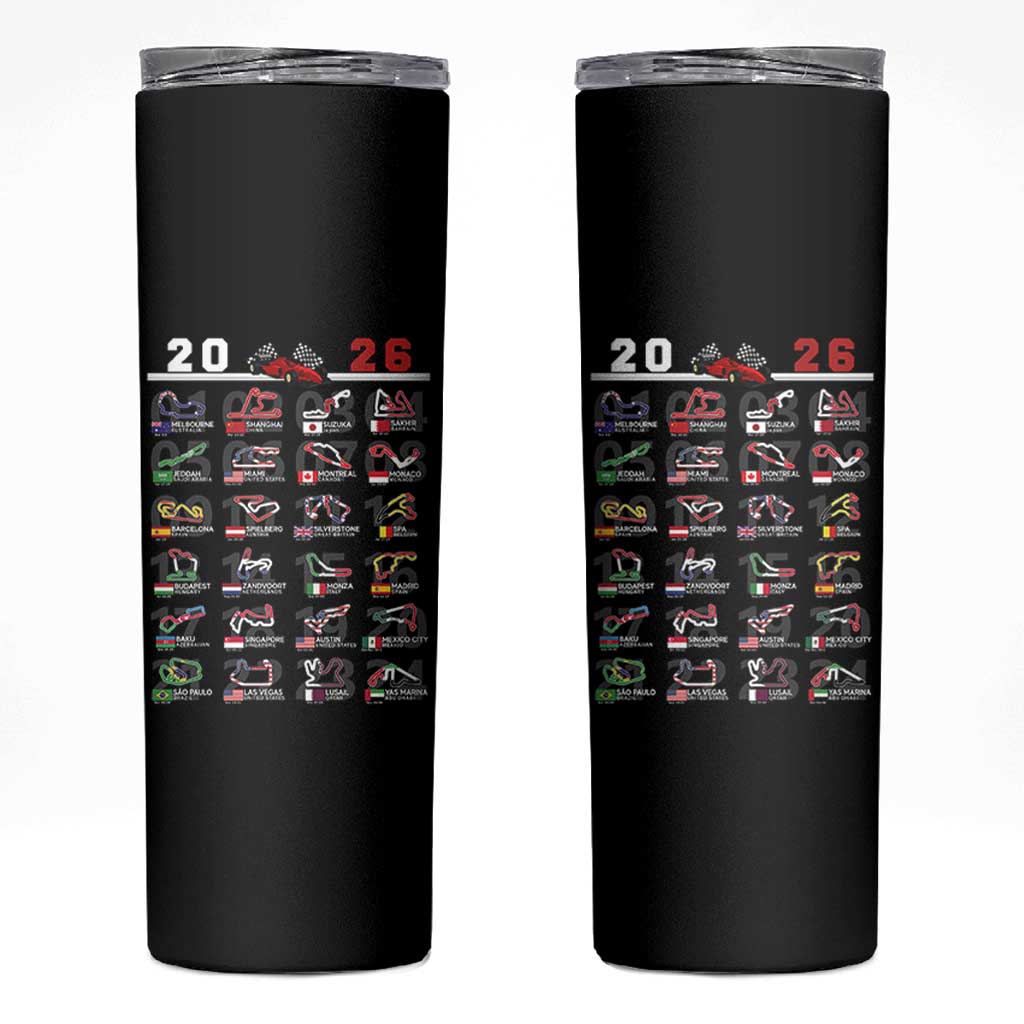 2026 Car Racing Circuit Skinny Tumbler International Race Track Schedule Graphic with Flags - Wonder Print Shop