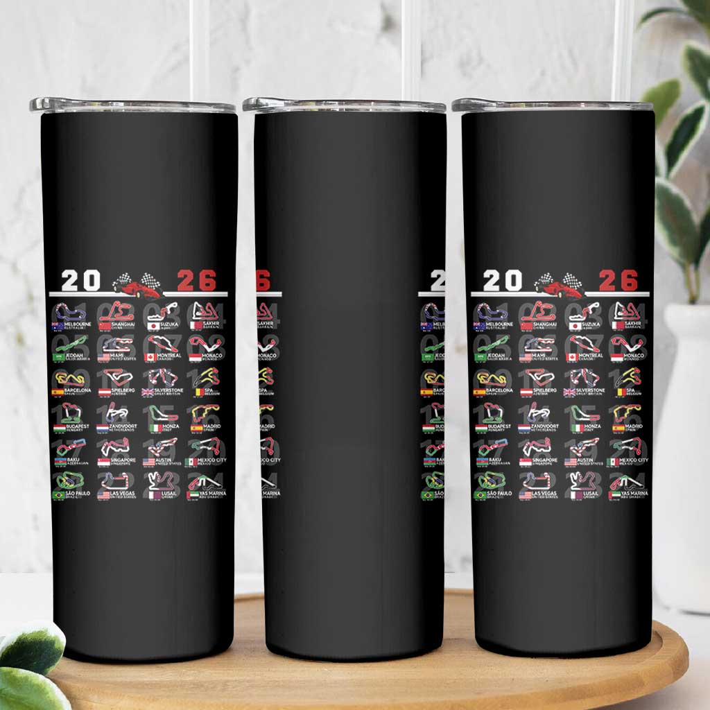 2026 Car Racing Circuit Skinny Tumbler International Race Track Schedule Graphic with Flags - Wonder Print Shop
