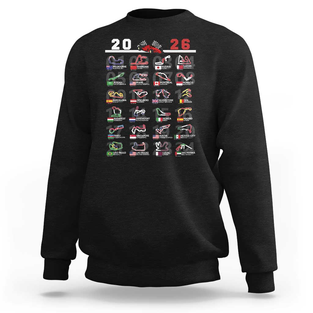 2026 Car Racing Circuit Sweatshirt International Race Track Schedule Graphic with Flags - Wonder Print Shop