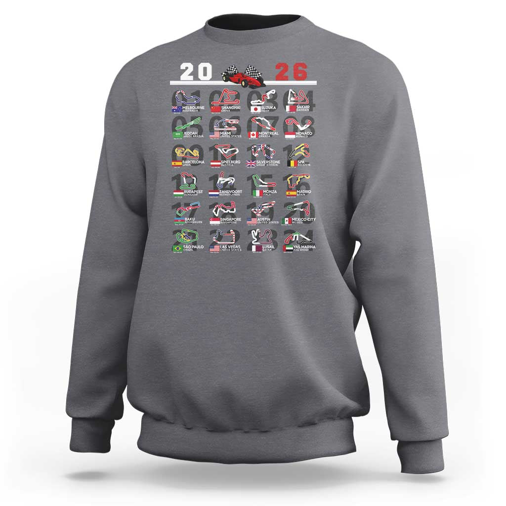 2026 Car Racing Circuit Sweatshirt International Race Track Schedule Graphic with Flags - Wonder Print Shop