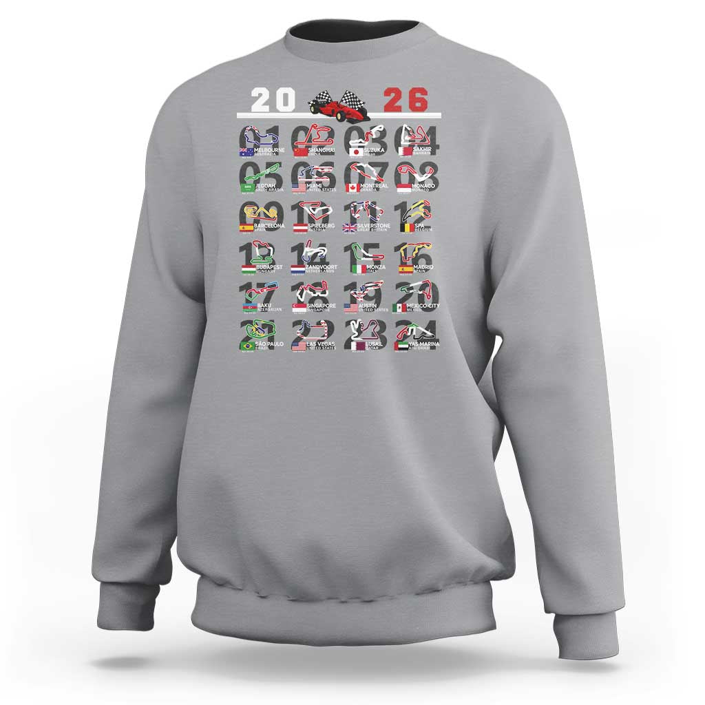 2026 Car Racing Circuit Sweatshirt International Race Track Schedule Graphic with Flags - Wonder Print Shop