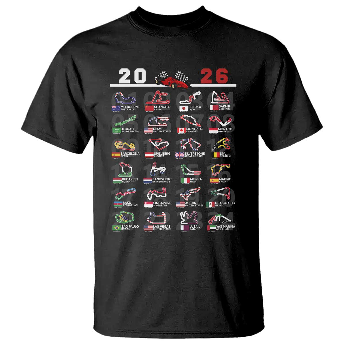 2026 Car Racing Circuit T Shirt International Race Track Schedule Graphic with Flags - Wonder Print Shop