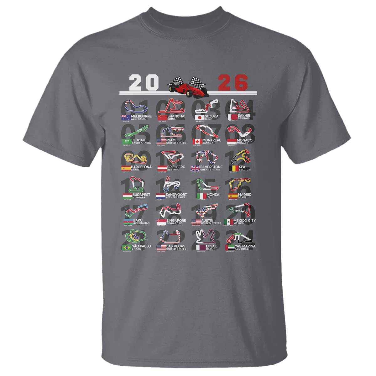 2026 Car Racing Circuit T Shirt International Race Track Schedule Graphic with Flags - Wonder Print Shop
