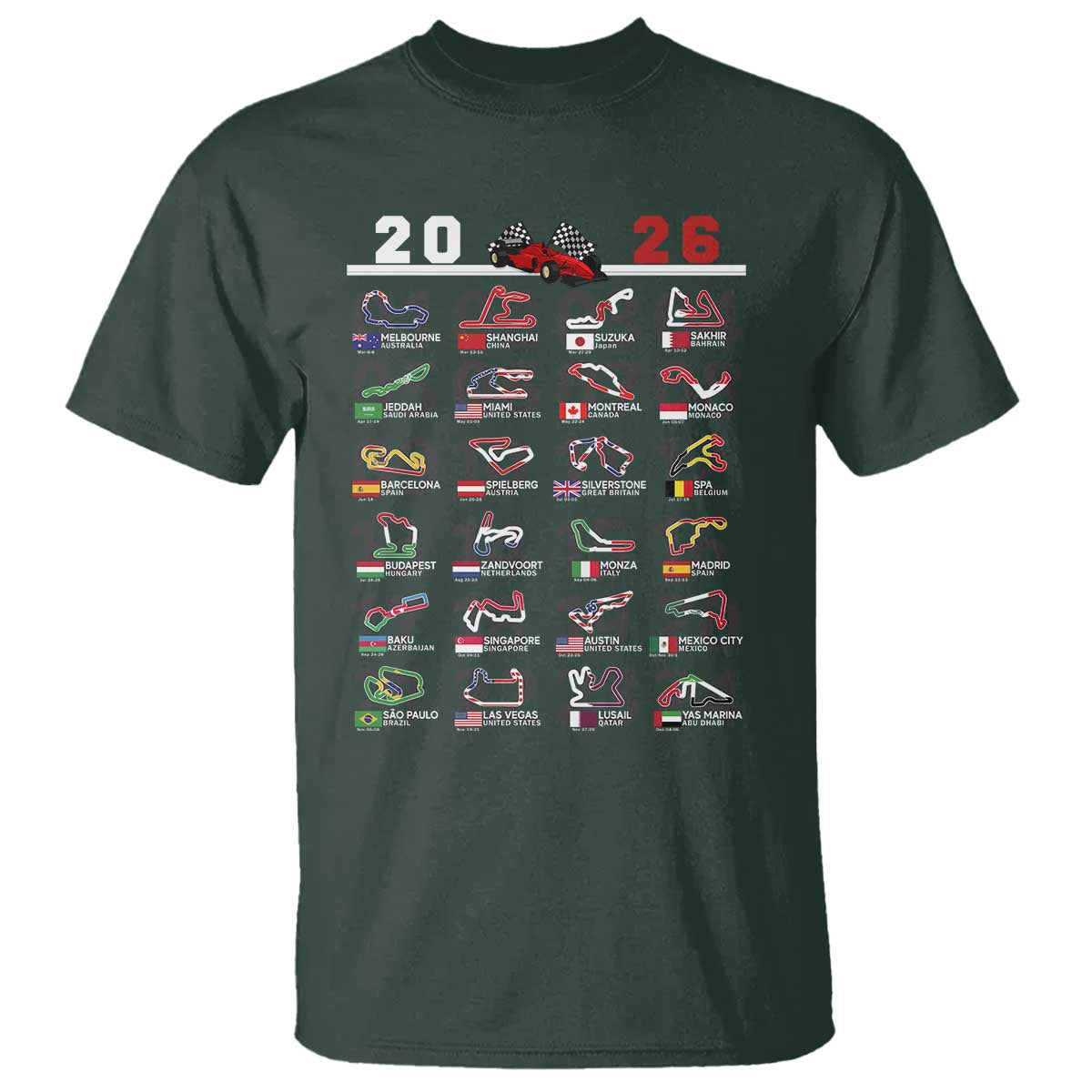 2026 Car Racing Circuit T Shirt International Race Track Schedule Graphic with Flags - Wonder Print Shop