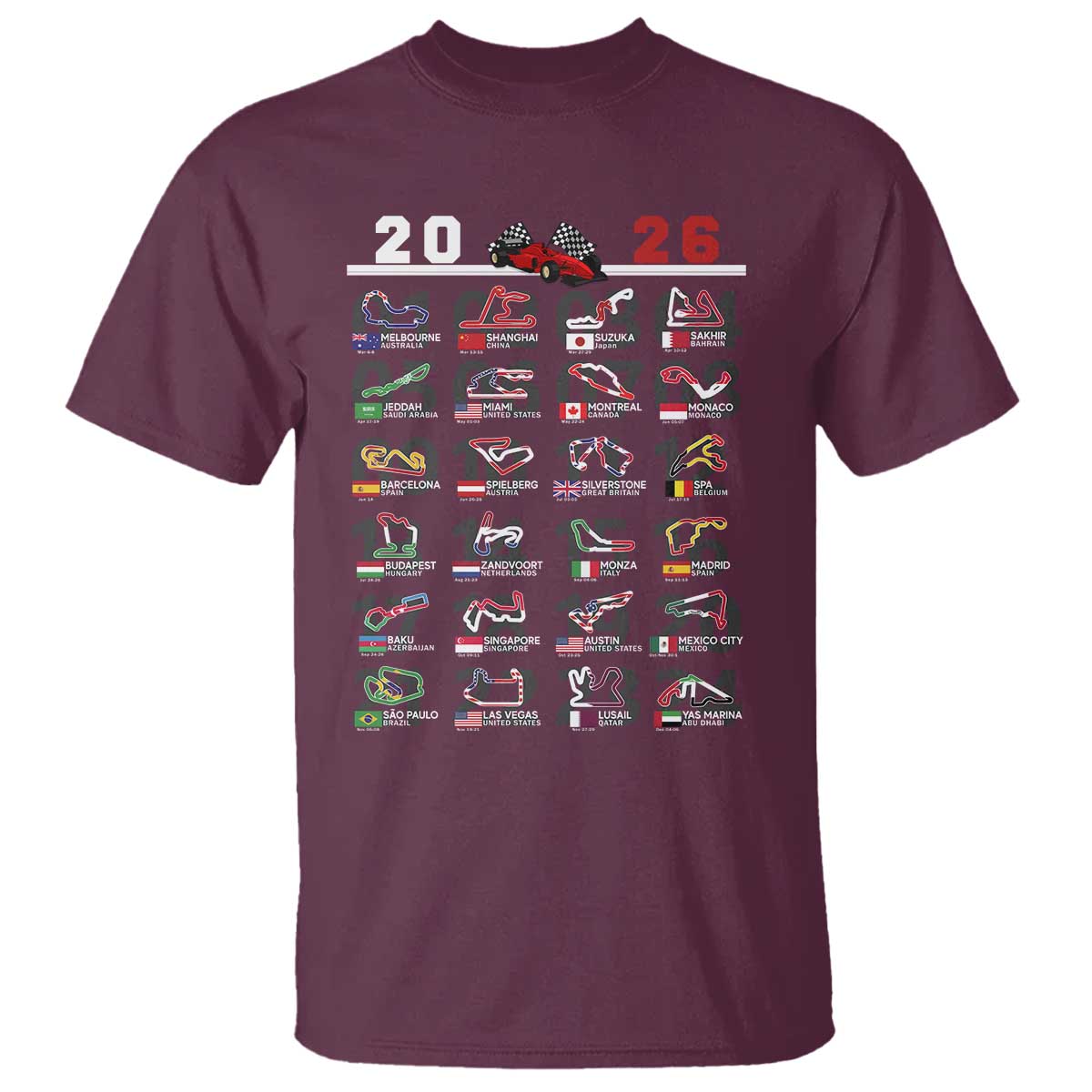 2026 Car Racing Circuit T Shirt International Race Track Schedule Graphic with Flags - Wonder Print Shop