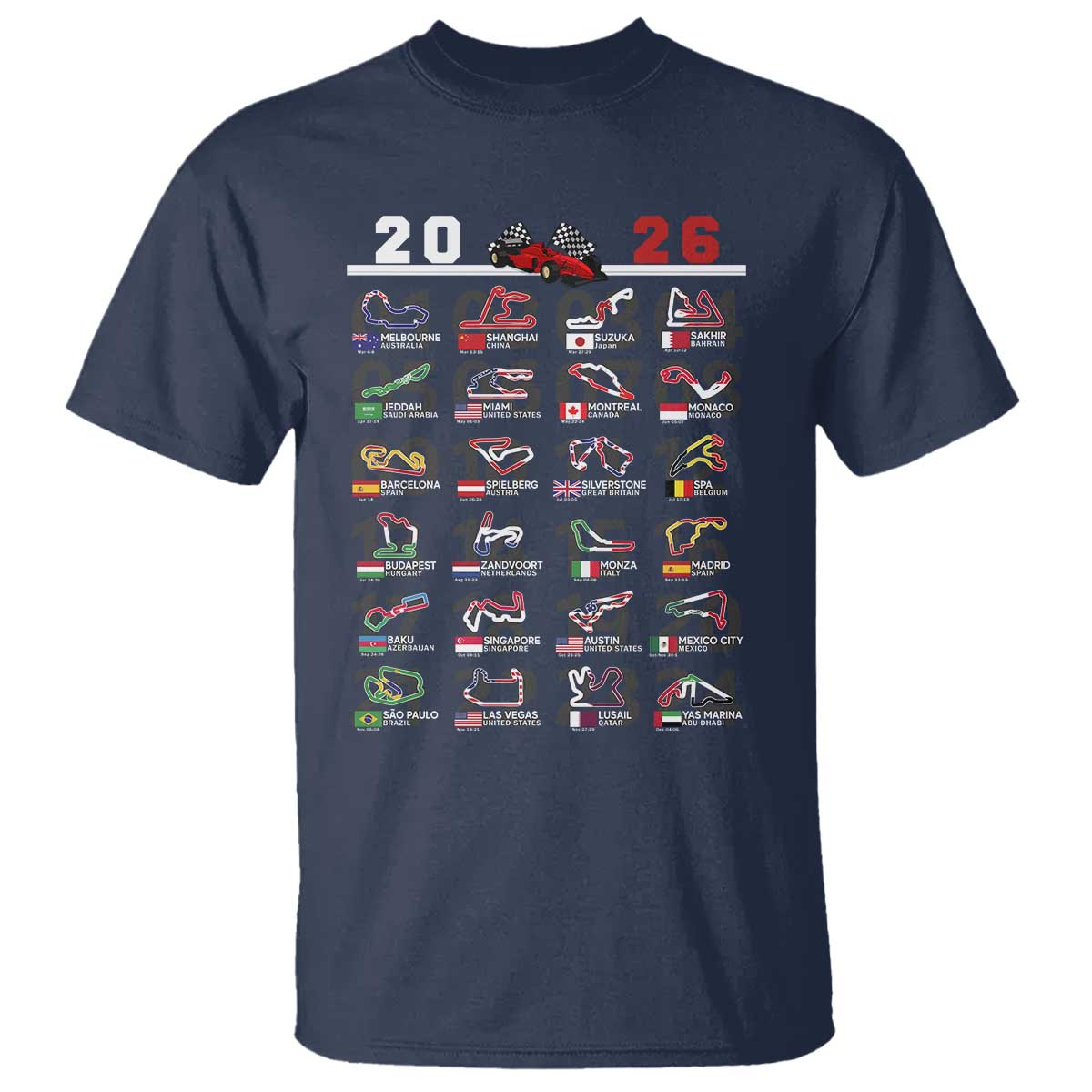 2026 Car Racing Circuit T Shirt International Race Track Schedule Graphic with Flags - Wonder Print Shop