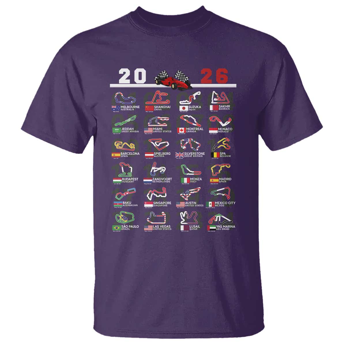 2026 Car Racing Circuit T Shirt International Race Track Schedule Graphic with Flags - Wonder Print Shop
