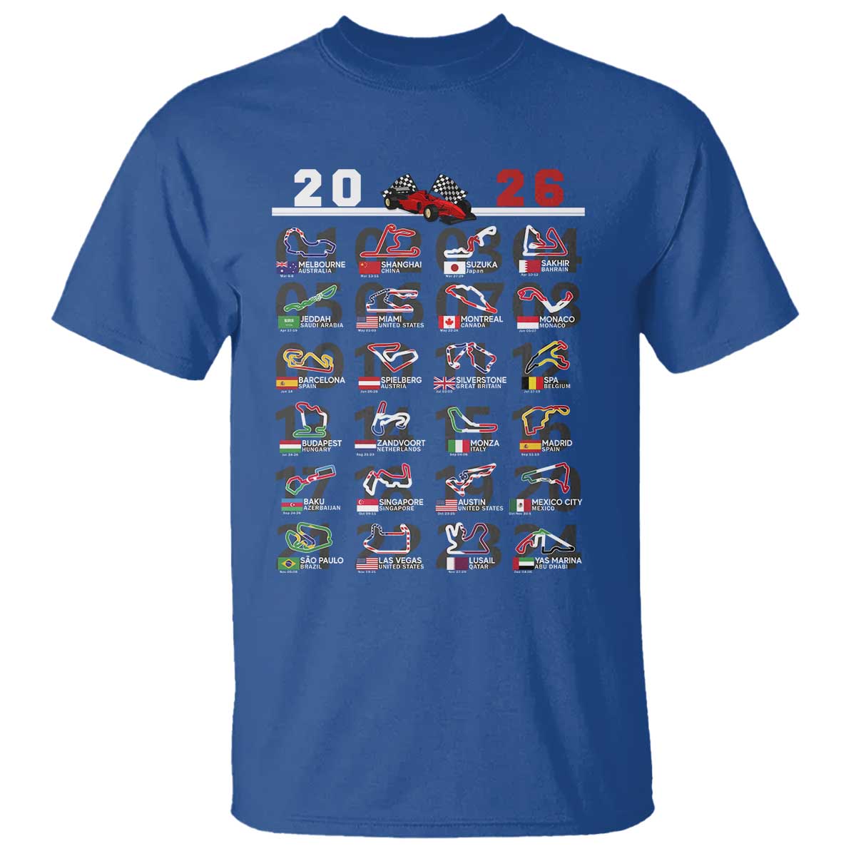 2026 Car Racing Circuit T Shirt International Race Track Schedule Graphic with Flags - Wonder Print Shop