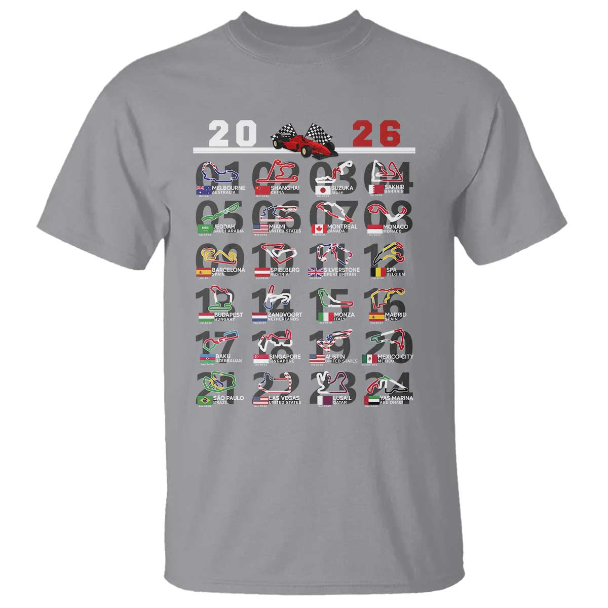 2026 Car Racing Circuit T Shirt International Race Track Schedule Graphic with Flags - Wonder Print Shop