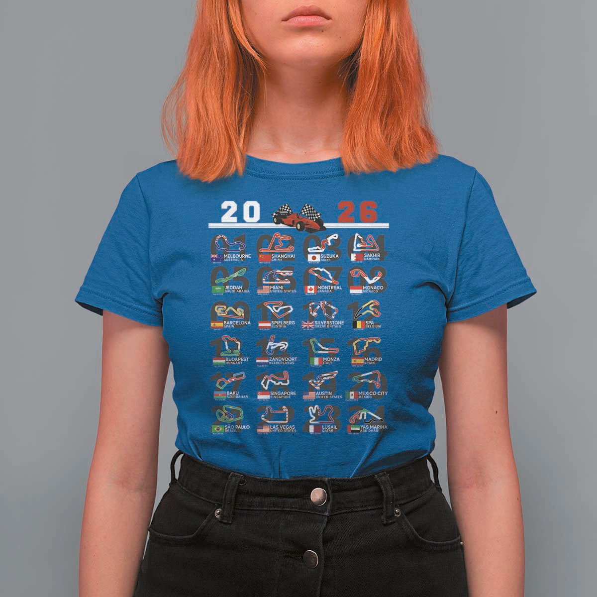 2026 Car Racing Circuit T Shirt For Women International Race Track Schedule Graphic with Flags - Wonder Print Shop