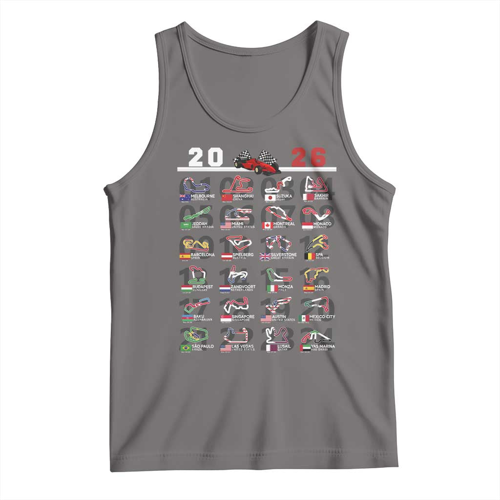 2026 Car Racing Circuit Tank Top International Race Track Schedule Graphic with Flags - Wonder Print Shop