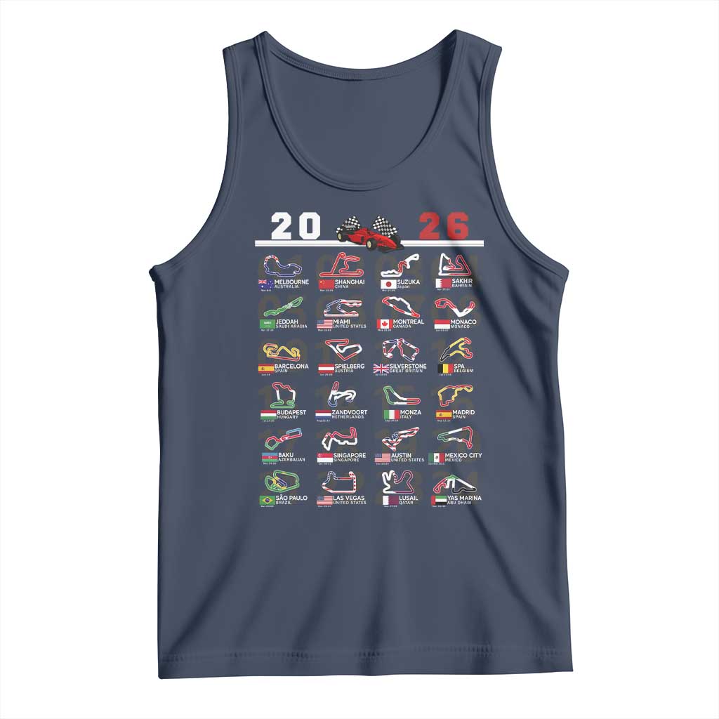 2026 Car Racing Circuit Tank Top International Race Track Schedule Graphic with Flags - Wonder Print Shop