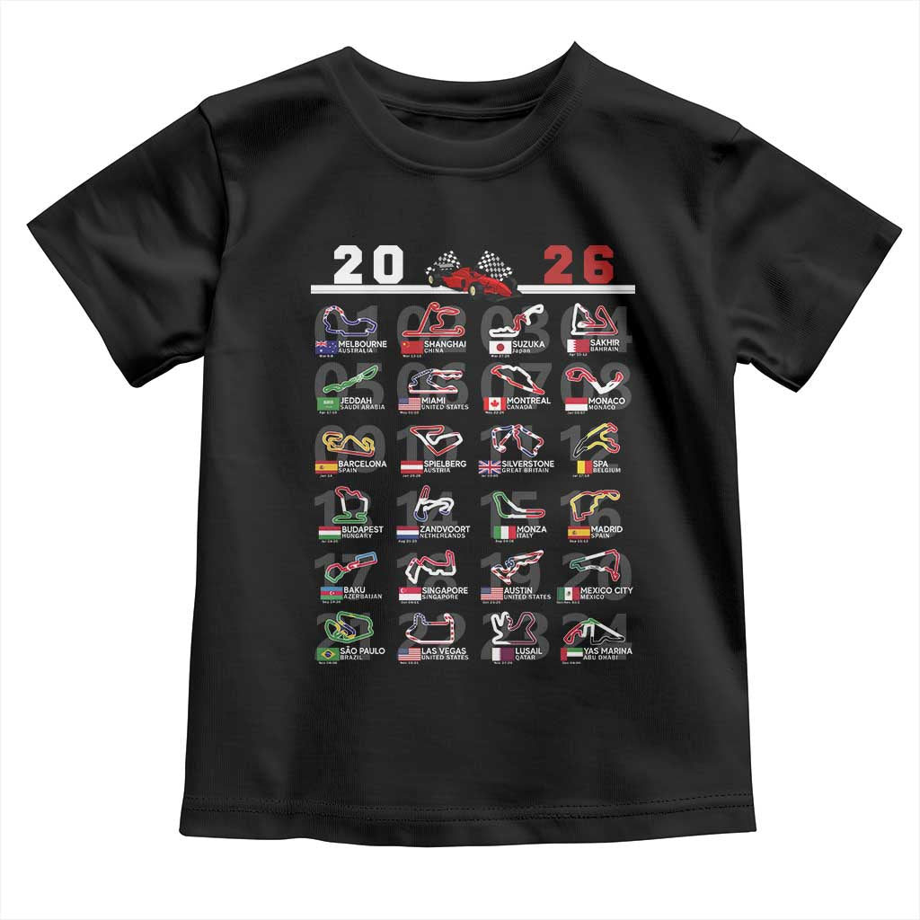 2026 Car Racing Circuit Toddler T Shirt International Race Track Schedule Graphic with Flags - Wonder Print Shop