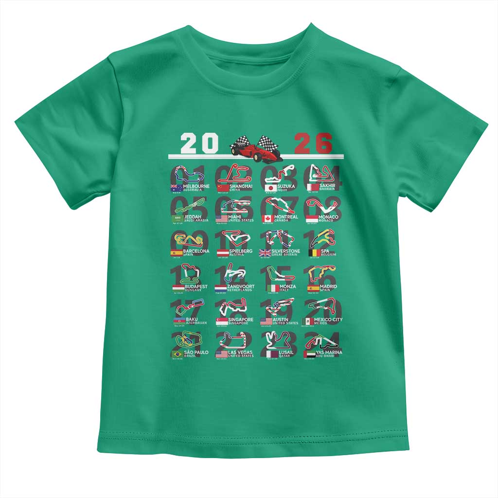 2026 Car Racing Circuit Toddler T Shirt International Race Track Schedule Graphic with Flags - Wonder Print Shop