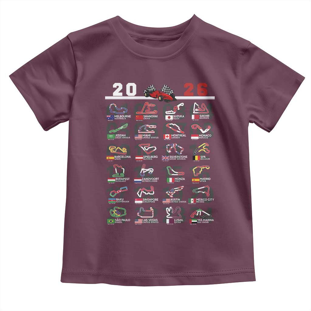 2026 Car Racing Circuit Toddler T Shirt International Race Track Schedule Graphic with Flags - Wonder Print Shop