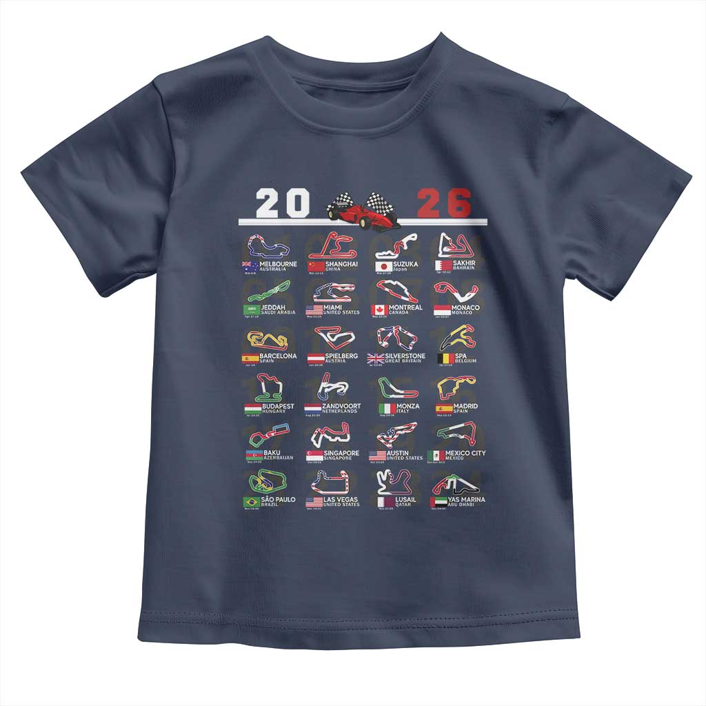 2026 Car Racing Circuit Toddler T Shirt International Race Track Schedule Graphic with Flags - Wonder Print Shop