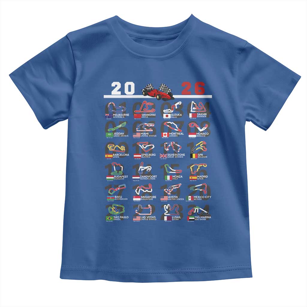 2026 Car Racing Circuit Toddler T Shirt International Race Track Schedule Graphic with Flags - Wonder Print Shop
