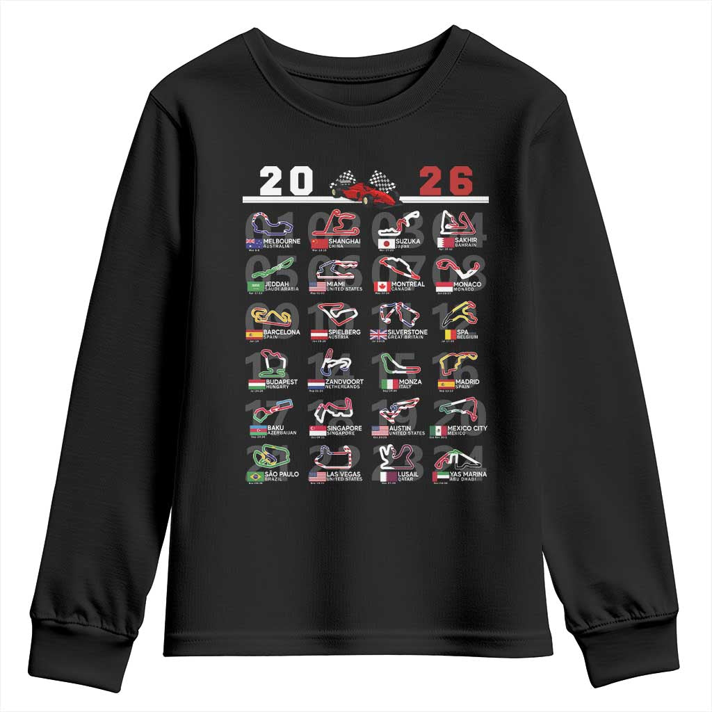2026 Car Racing Circuit Youth Sweatshirt International Race Track Schedule Graphic with Flags - Wonder Print Shop