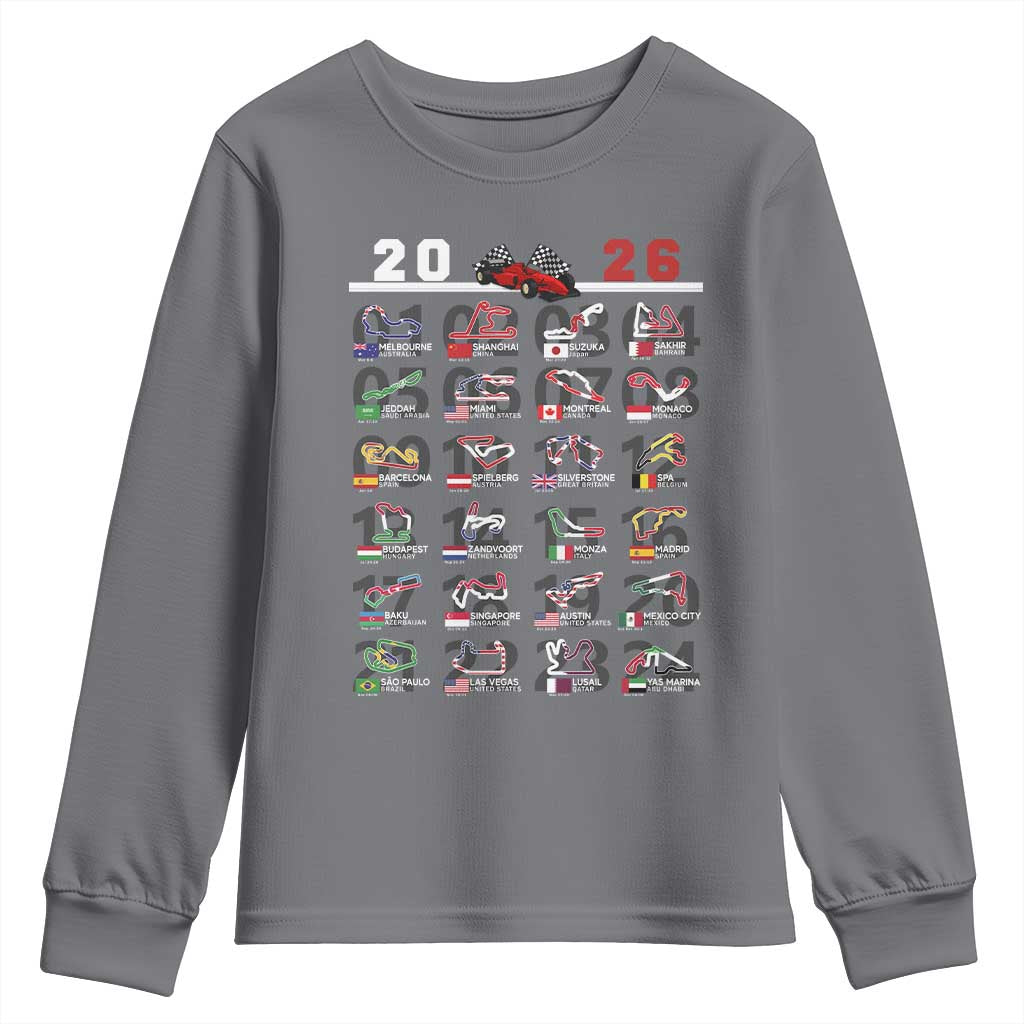 2026 Car Racing Circuit Youth Sweatshirt International Race Track Schedule Graphic with Flags - Wonder Print Shop