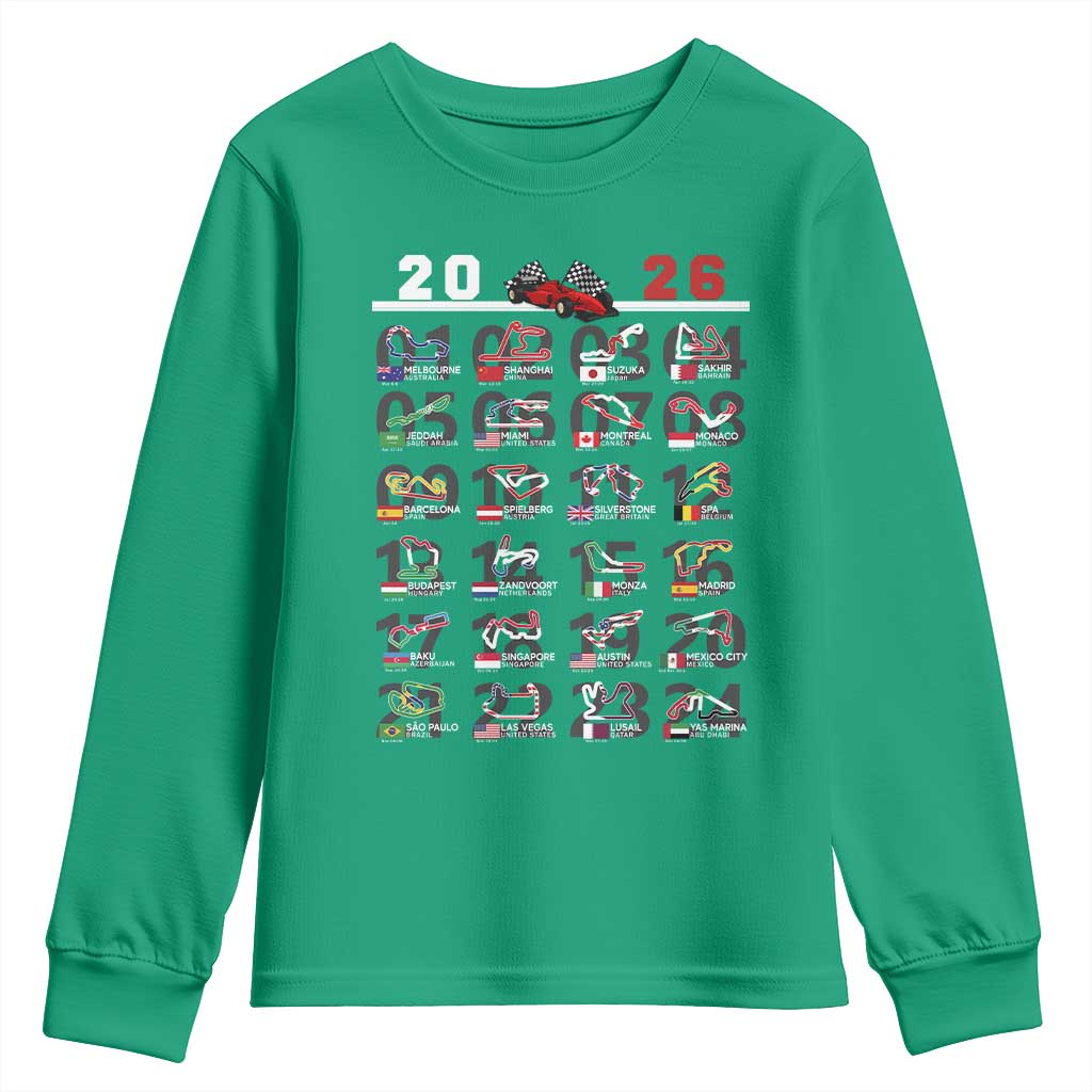 2026 Car Racing Circuit Youth Sweatshirt International Race Track Schedule Graphic with Flags - Wonder Print Shop