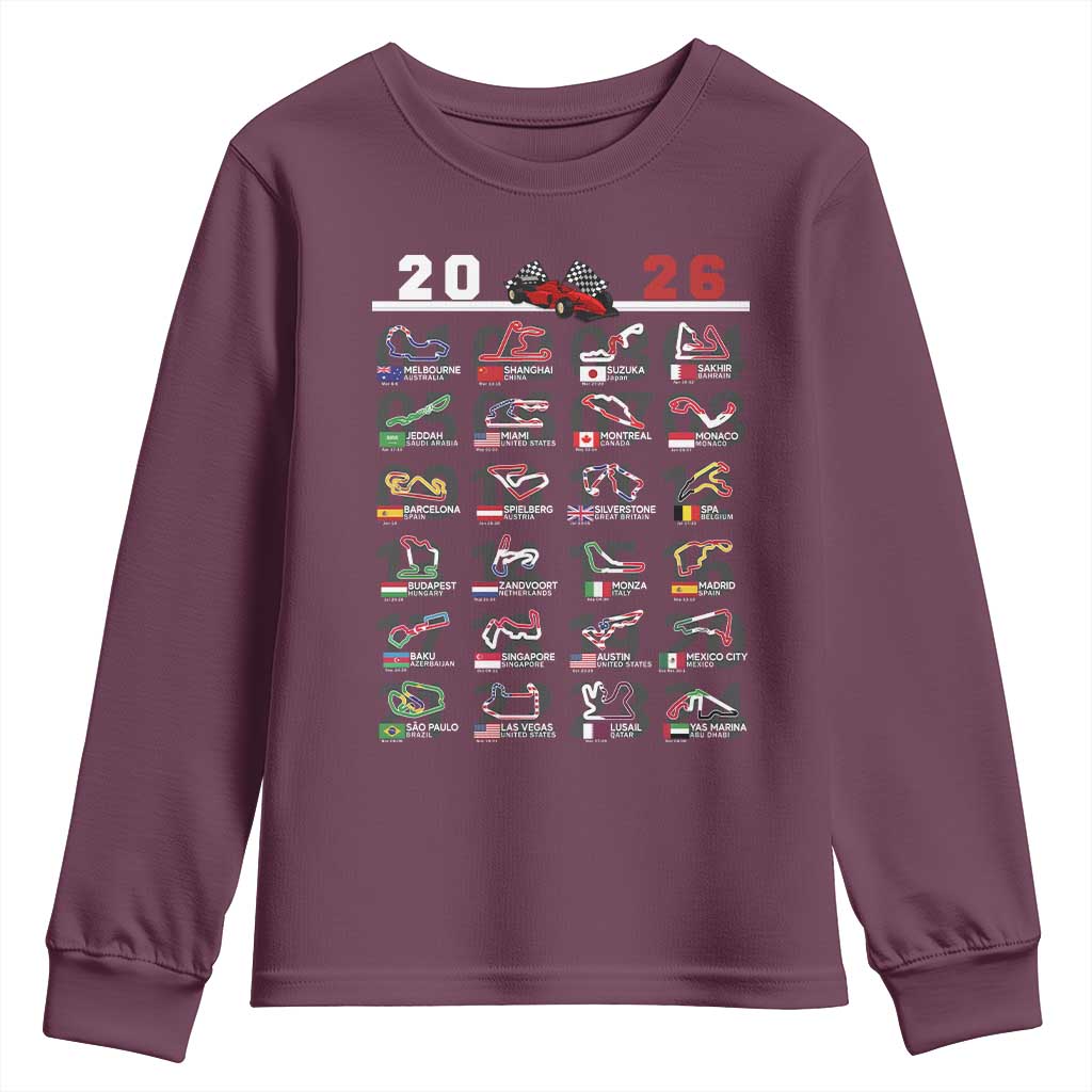 2026 Car Racing Circuit Youth Sweatshirt International Race Track Schedule Graphic with Flags - Wonder Print Shop
