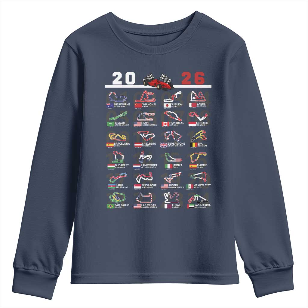 2026 Car Racing Circuit Youth Sweatshirt International Race Track Schedule Graphic with Flags - Wonder Print Shop