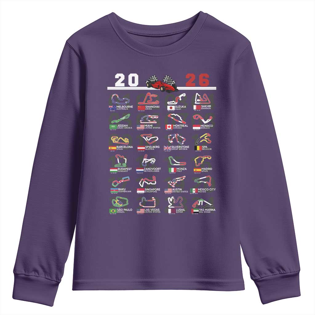 2026 Car Racing Circuit Youth Sweatshirt International Race Track Schedule Graphic with Flags - Wonder Print Shop
