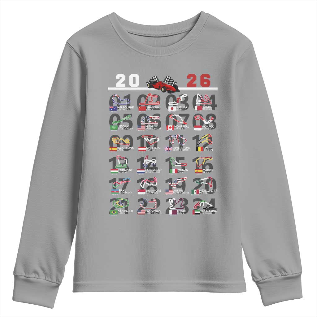 2026 Car Racing Circuit Youth Sweatshirt International Race Track Schedule Graphic with Flags - Wonder Print Shop