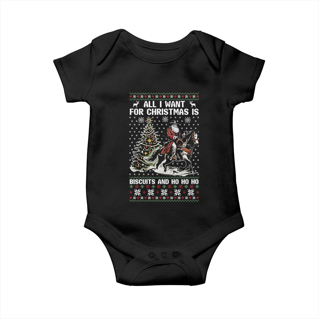 Funny Western Christmas Cowboy Santa Baby Onesie All I Want for Christmas Is Biscuits and Ho Ho Ho - Wonder Print Shop