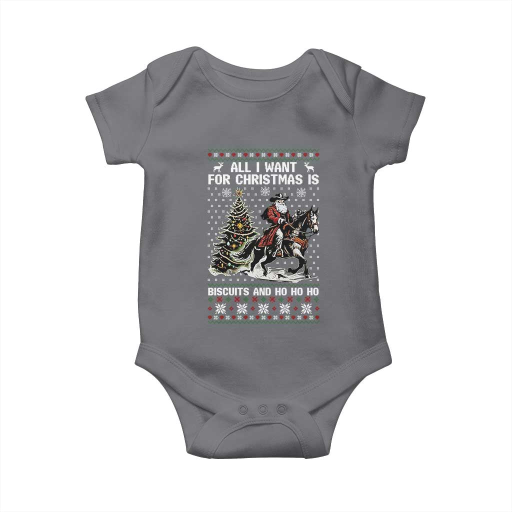 Funny Western Christmas Cowboy Santa Baby Onesie All I Want for Christmas Is Biscuits and Ho Ho Ho - Wonder Print Shop